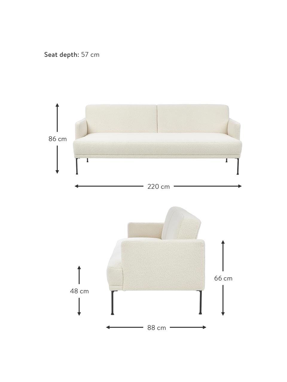 Plyšová pohovka na spanie s kovovými nohami Fluente (3-miestna), Krémovobiela, Š 220 x V 86 cm