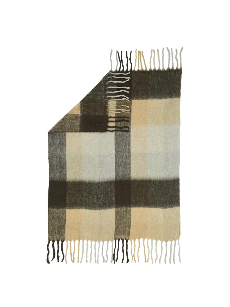 Manta de lana con flecos Check, 50% lana, 50% acrílico, Beige, marrón, An 125 x L 150 cm