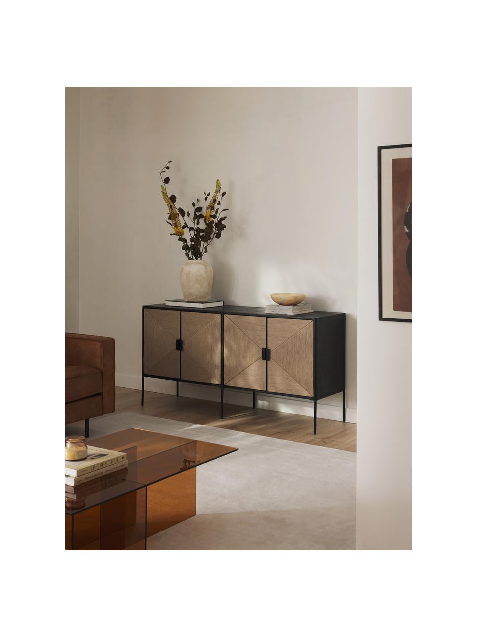 Aparador con puertas de madera de mango maciza June, Estructura: madera maciza de mango ba, Patas: metal con pintura en polv, Negro, madera de mango, An 150 x Al 77 cm