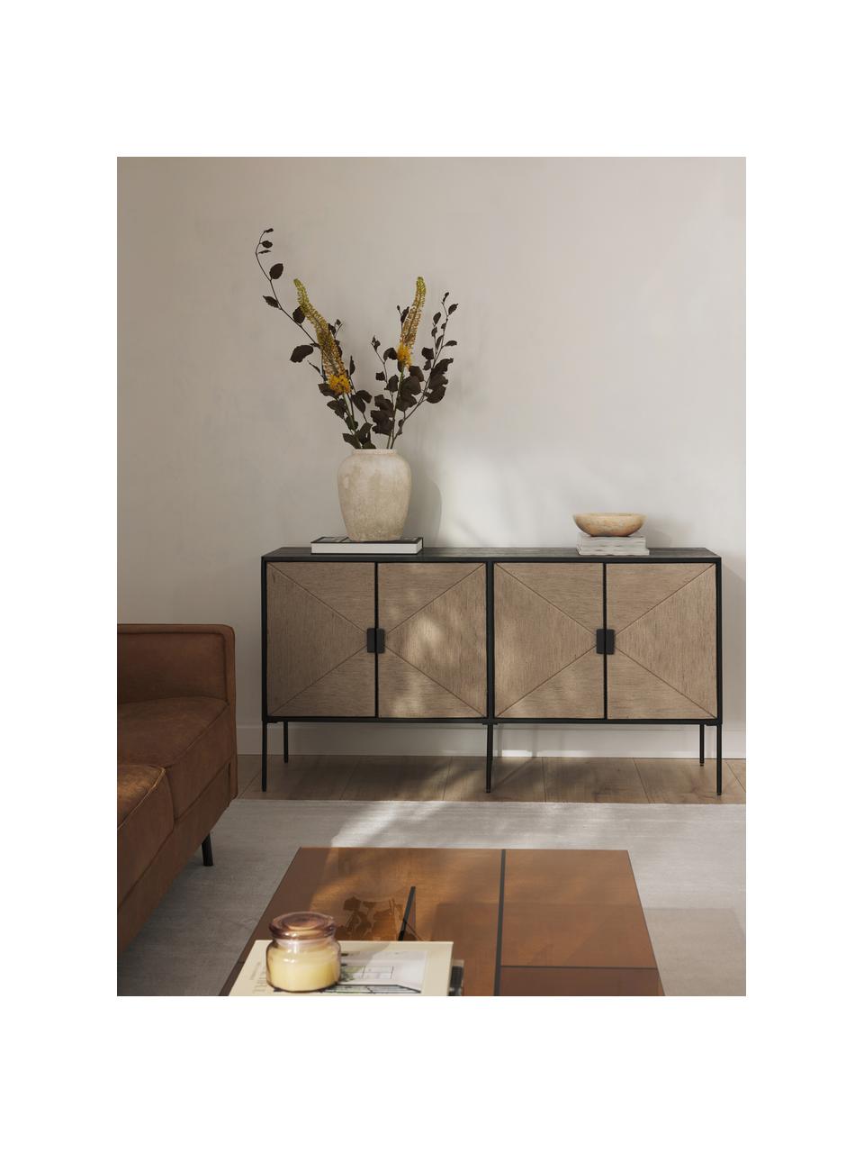 Credenza in legno di mango June, Piedini: metallo verniciato a polv, Legno di mango laccato nero, beige, Larg. 150 x Alt. 77 cm