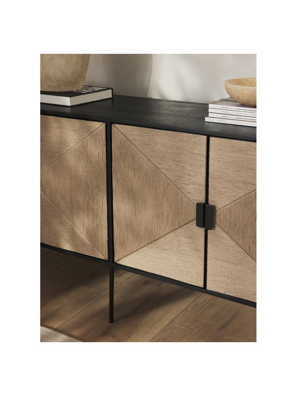 Credenza in legno di mango June, Piedini: metallo verniciato a polv, Legno di mango laccato nero, beige, Larg. 150 x Alt. 77 cm