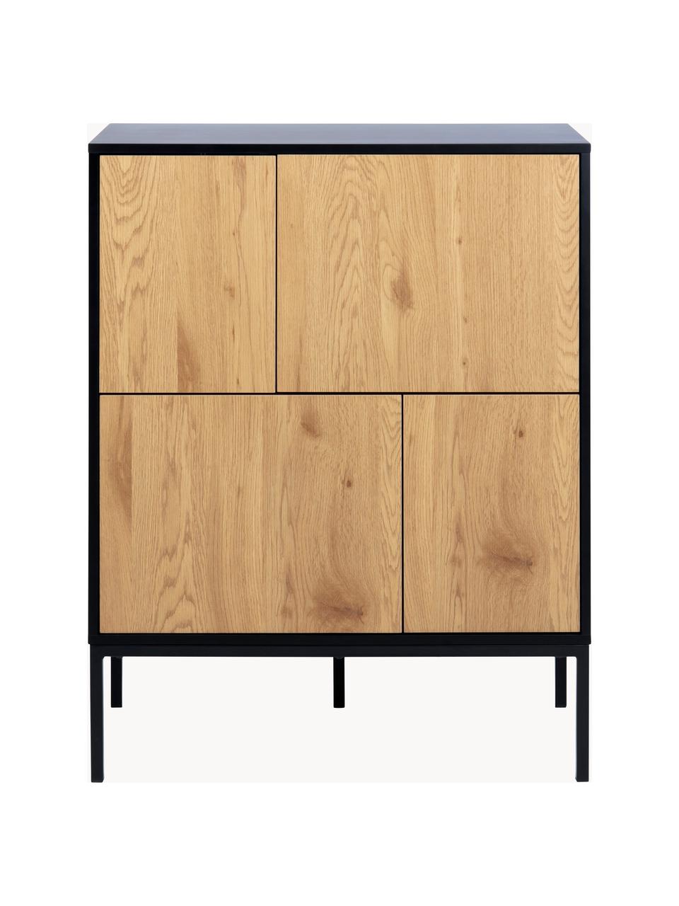 Highboard Seaford, Frame: gelakt MDF, Poten: gepoedercoat metaal, Beige in houtoptiek, zwart, B 80 x H 103 cm