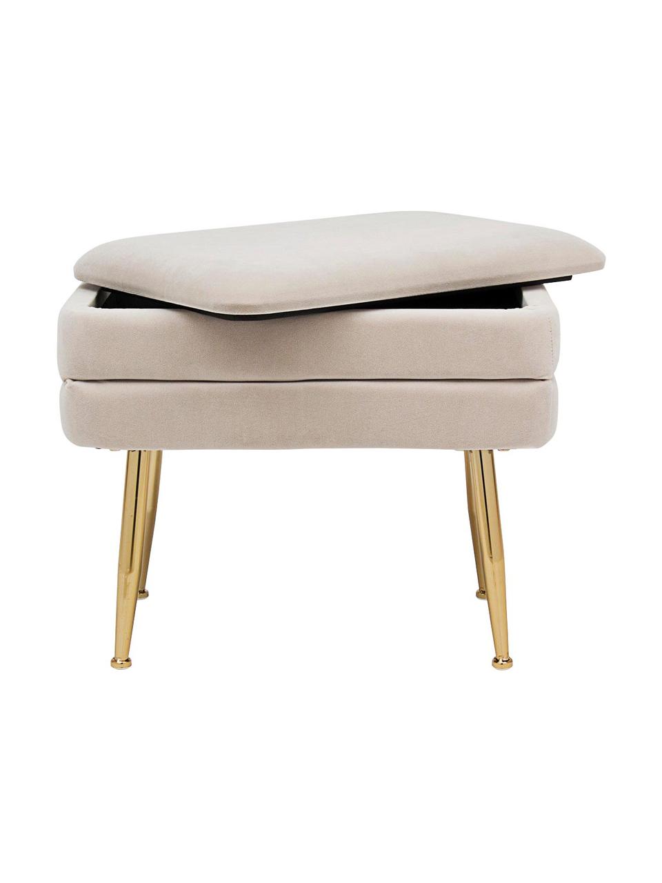 Fluwelen gestoffeerde bank Pavlina met opbergfunctie, Bekleding: 100% polyester fluweel, Frame: vezelspaanderplaten (MDF), Poten: staal, gecoat, Fluweel beige, messingkleurig, B 50 x H 42 cm
