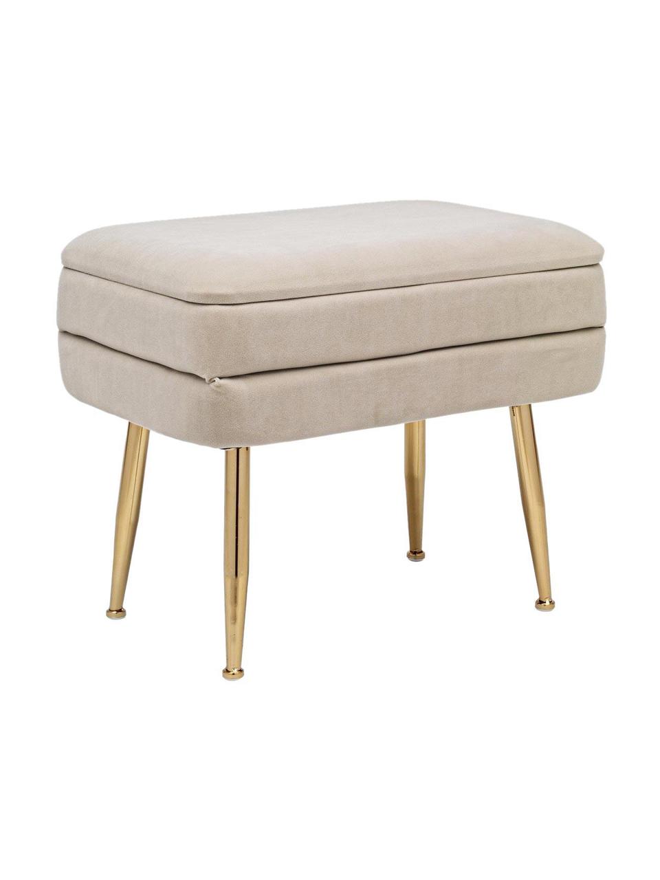 Banco de terciopelo Pavlina, con espacio de almacenamiento, Tapizado: 100% terciopelo de poliés, Estructura: tablero de fibras de dens, Patas: acero recubierto, Terciopelo beige, latón, An 50 x Al 42 cm