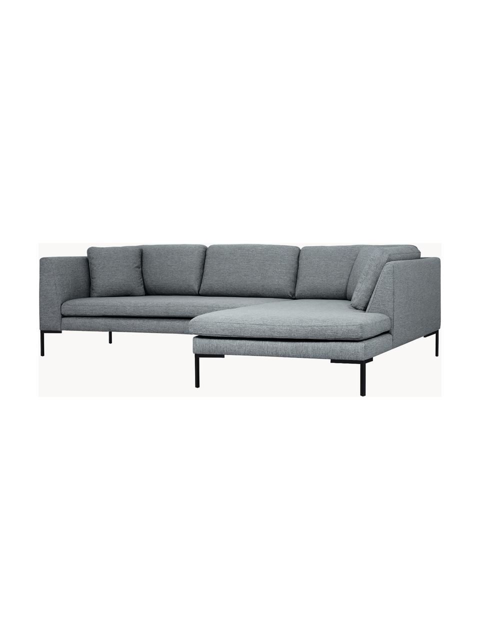 Sofa narożna z metalowymi nogami Emma, Tapicerka: poliester, Stelaż: lite drewno sosnowe, skle, Nogi: metal malowany proszkowo , Ciemnoszara tkanina, S 302 x G 220 cm, lewostronna