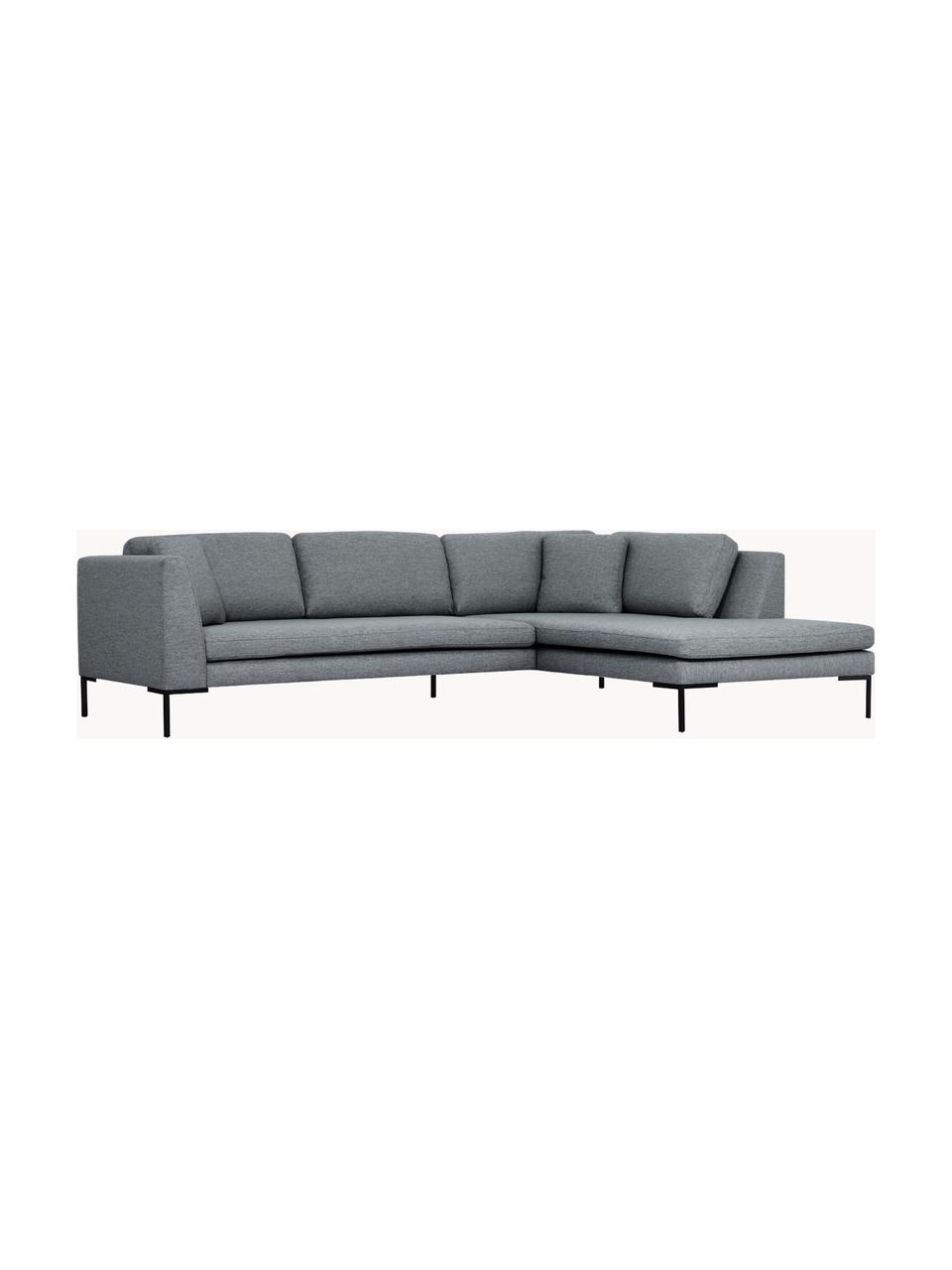 Sofa narożna z metalowymi nogami Emma, Tapicerka: poliester, Stelaż: lite drewno sosnowe, skle, Nogi: metal malowany proszkowo , Ciemnoszara tkanina, S 302 x G 220 cm, lewostronna