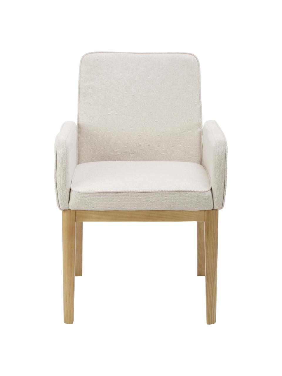 Sedia imbottita con braccioli in tessuto bianco crema Koga, Rivestimento: 100% poliestere Il rivest, Gambe: legno di frassino, Cornice: metallo, Tessuto bianco crema, Larg. 54 x Alt. 86 cm