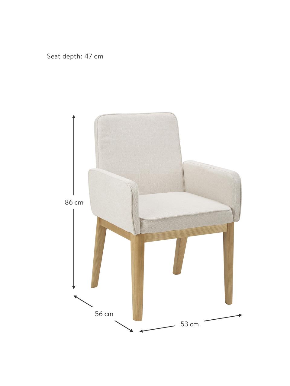 Chaise à accoudoirs rembourrée couleur crème Koga, Tissu blanc crème, larg. 54 x haut. 86 cm