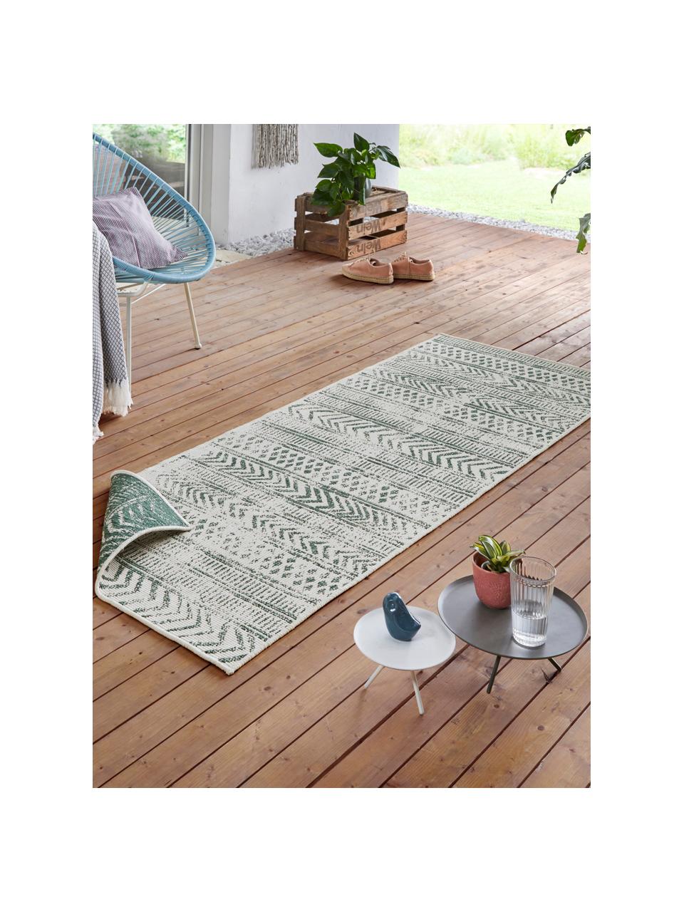 Tapis de couloir réversible intérieur-extérieur motif graphique vert/crème Biri, Polypropylène, Vert, blanc crème, larg. 80 x long. 250 cm