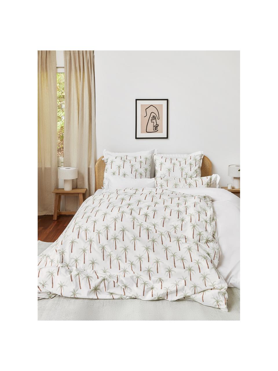 Parure de lit en percale de coton bio motif palmiers Martha, Blanc, motif palmier, larg. 200 x long. 200 cm + 2 taies d'oreiller 80 x 80 cm