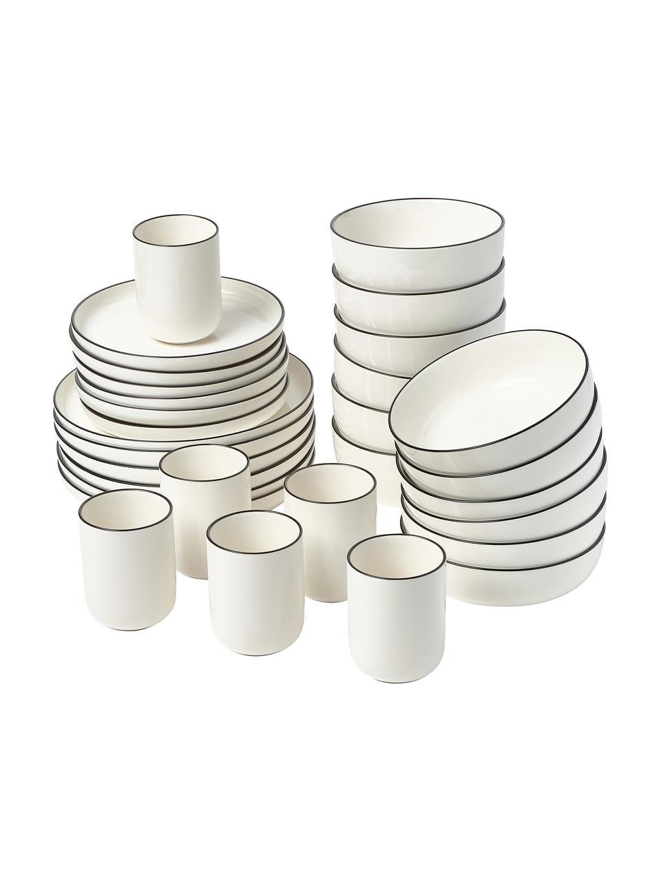 Sada porcelánového nádobí Facile, pro 6 osob (30 dílů), Vysoce kvalitní tvrdý porcelán (cca 50 % kaolinu, 25 % křemene a 25 % živce), Krémově bílá s černým okrajem, Pro 6 osoby (30 dílů)