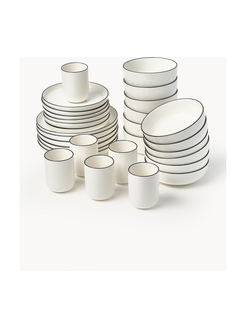 Vajilla de porcelana Facile, 6 comensales (30 pzas.), Porcelana dura de alta calidad (aprox. 50% caolín, 25% cuarzo y 25% feldespato), Blanco Off White con borde negro, 6 comensales (30 pzas.)