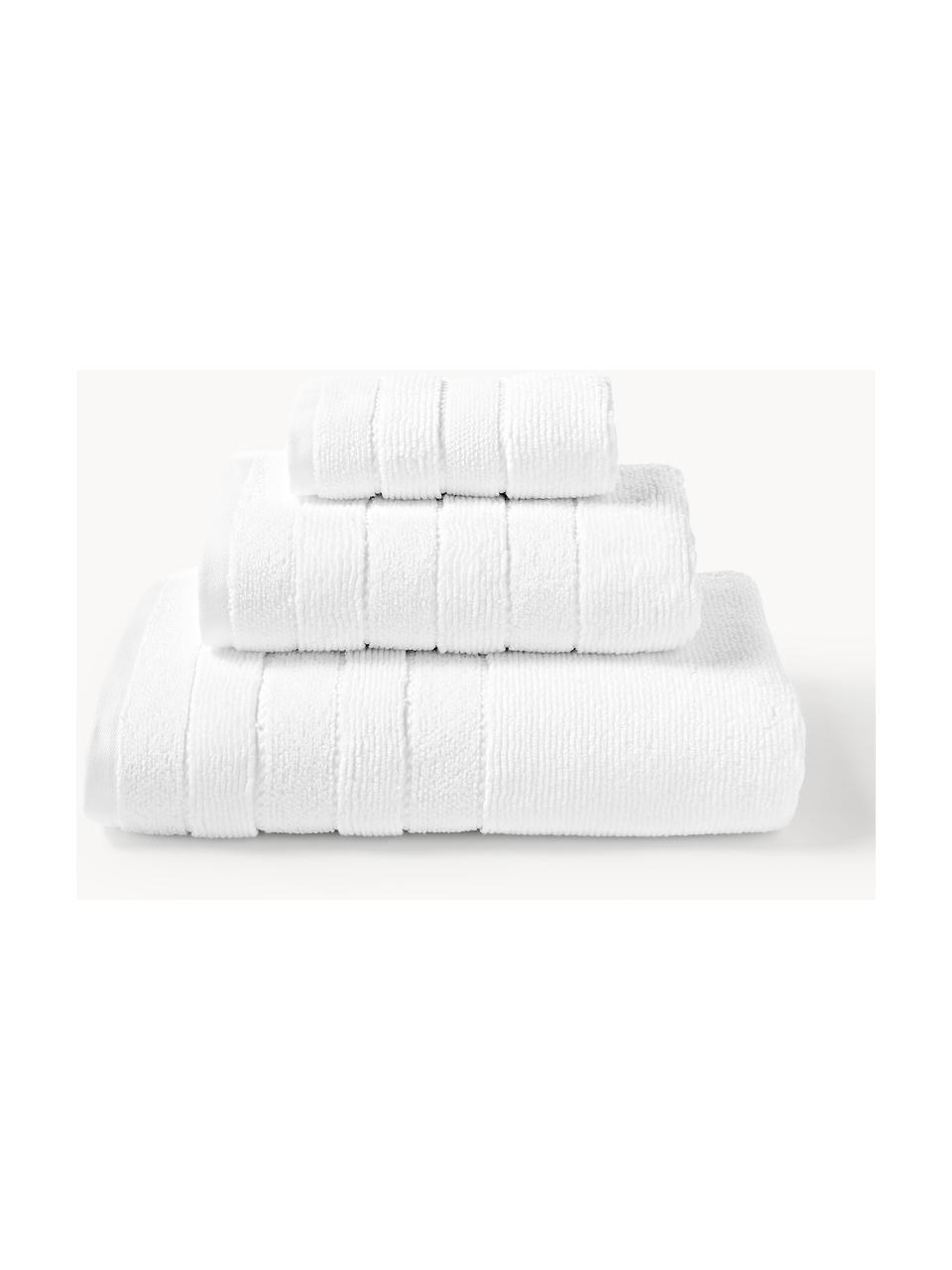 Lot de serviettes de bain avec bordure décorative Luxe, set de tailles variées, Blanc, 3 éléments (1 serviette invité, 1 serviette de toilette et 1 drap de bain)