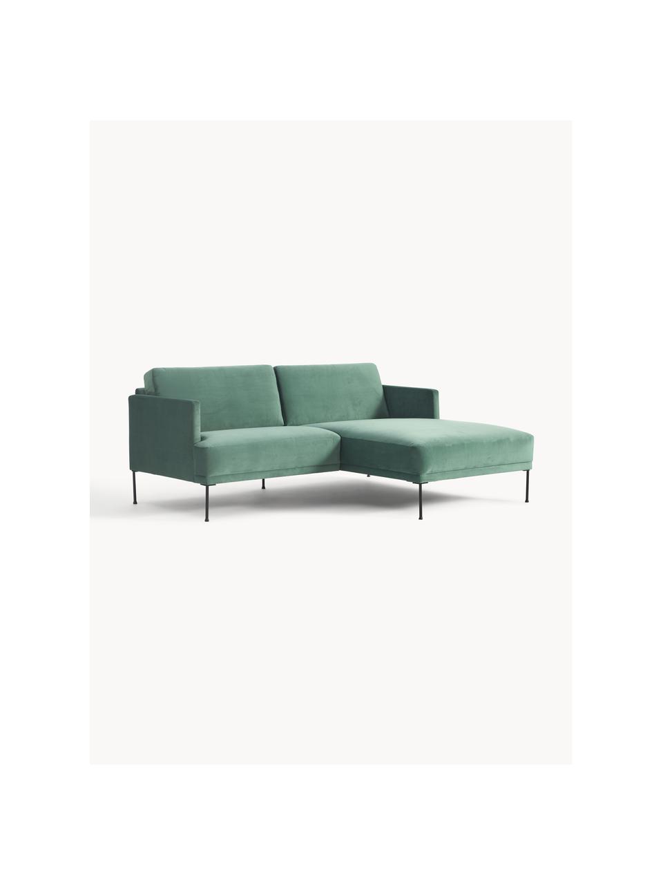 Kleines Samt-Ecksofa Fluente, Bezug: Samt (100 % Polyester) De, Gestell: Massives Kiefernholz, Bir, Füße: Metall, pulverbeschichtet, Samt Petrol, B 198 x T 152 cm, Eckteil links