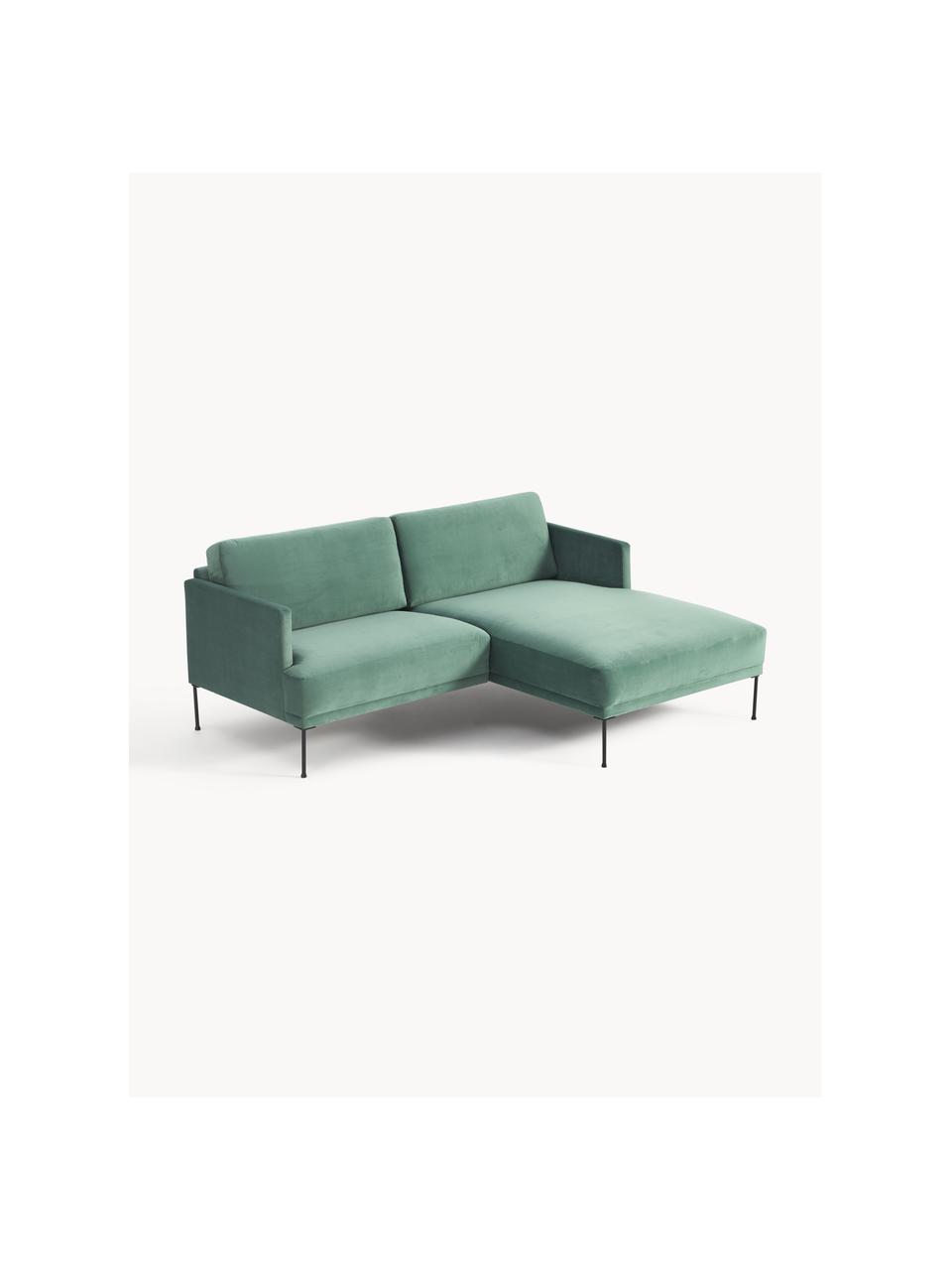 Kleines Samt-Ecksofa Fluente, Bezug: Samt (100 % Polyester) De, Gestell: Massives Kiefernholz, Bir, Füße: Metall, pulverbeschichtet, Samt Petrol, B 198 x T 152 cm, Eckteil links