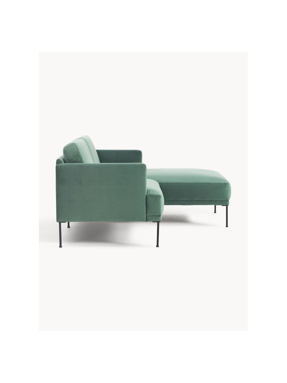 Kleines Samt-Ecksofa Fluente, Bezug: Samt (100 % Polyester) De, Gestell: Massives Kiefernholz, Bir, Füße: Metall, pulverbeschichtet, Samt Petrol, B 198 x T 152 cm, Eckteil links