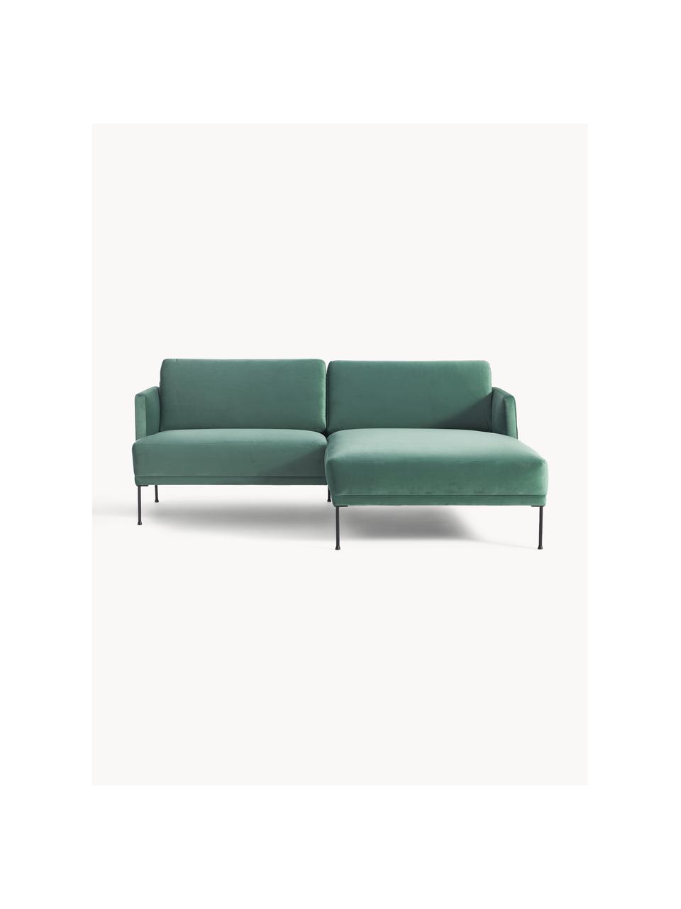 Kleines Samt-Ecksofa Fluente, Bezug: Samt (100 % Polyester) De, Gestell: Massives Kiefernholz, Bir, Füße: Metall, pulverbeschichtet, Samt Petrol, B 198 x T 152 cm, Eckteil links