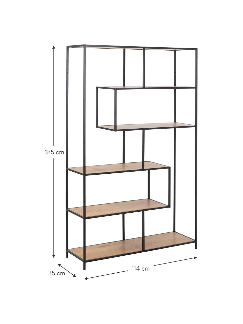 Scaffale Seaford, Ripiani: pannelli MDF (fibra a med, Struttura: metallo verniciato a polv, Effetto legno, nero, Larg. 114 x Alt. 185 cm