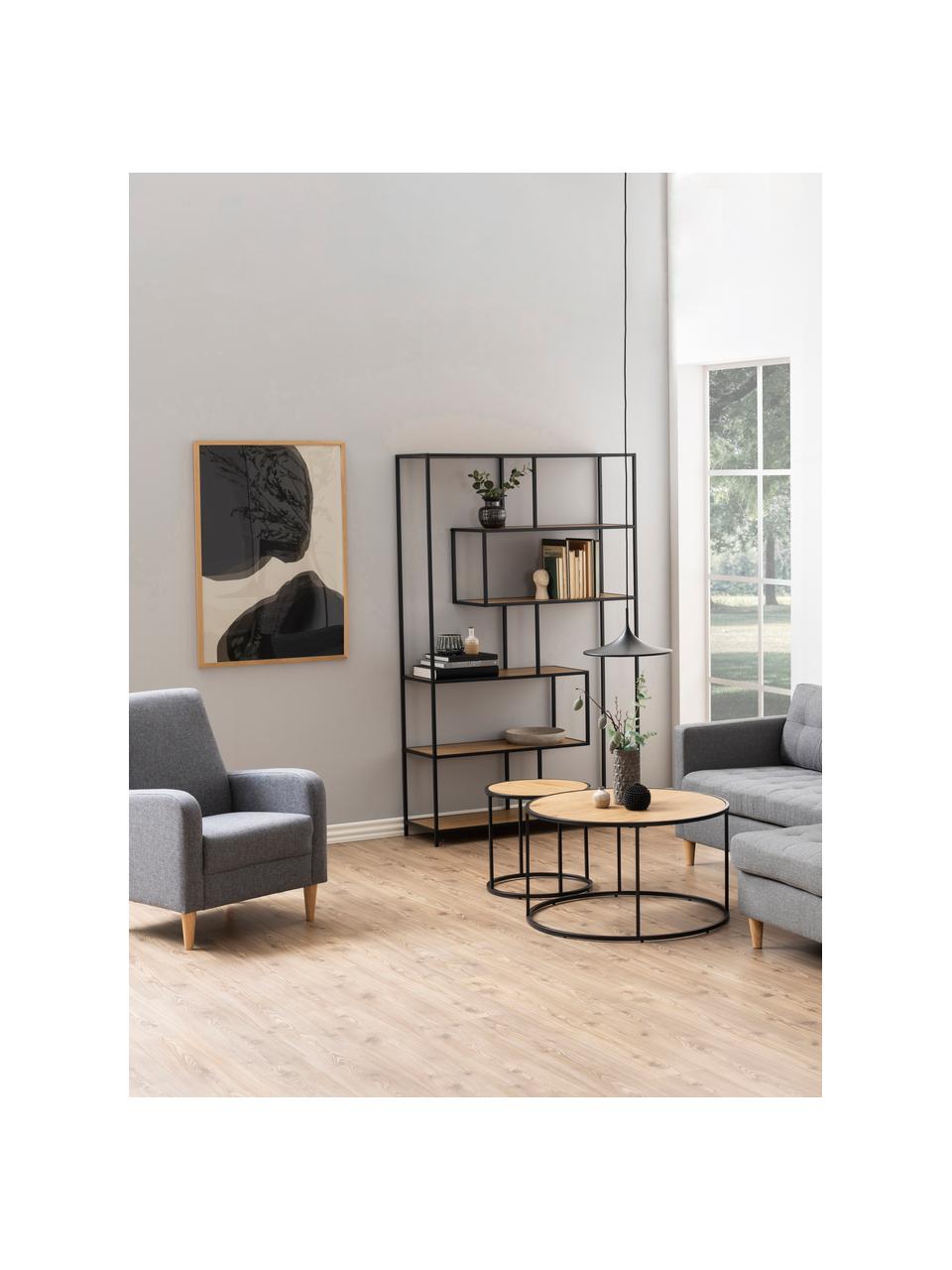 Estantería grande Seaford, Estantes: tablero de fibras de dens, Estructura: metal con pintura en polv, Beige en aspecto madera, negro, An 114 x Al 185 cm