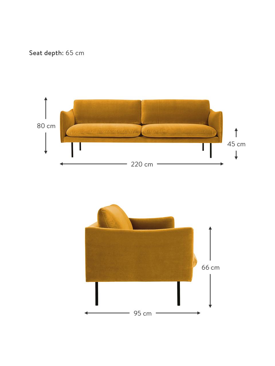 Sofá de terciopelo Moby (3 plazas), Tapizado: terciopelo (poliéster de , Estructura: madera de pino maciza, Patas: metal con pintura en polv, Terciopelo mostaza, An 220 x F 95 cm