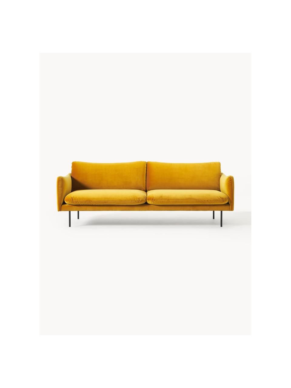 Sofa z aksamitu Moby (3-osobowa), Tapicerka: aksamit (wysokiej jakości, Stelaż: lite drewno sosnowe, Nogi: metal malowany proszkowo , Musztardowy aksamit, S 220 x G 95 cm