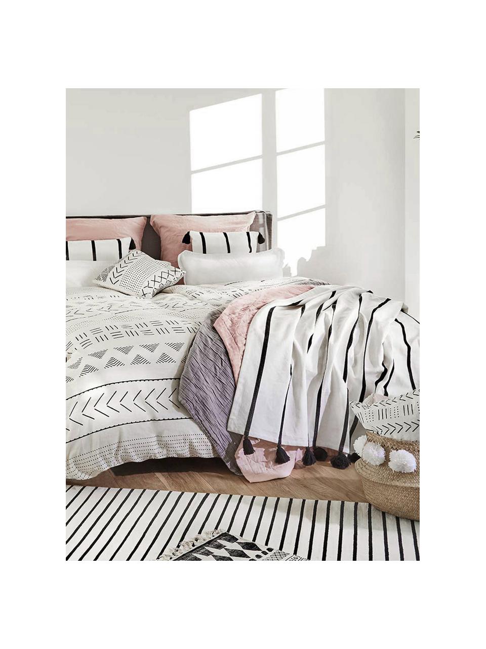 Biancheria da letto boho in cotone lavato Kohana, Bianco crema, nero, 255 x 200 cm, 3 pz