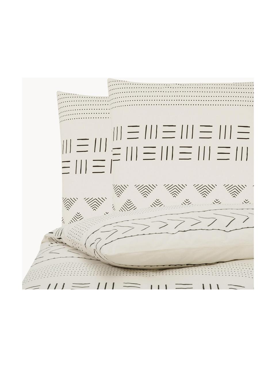 Biancheria da letto boho in cotone lavato Kohana, Bianco crema, nero, 255 x 200 cm, 3 pz