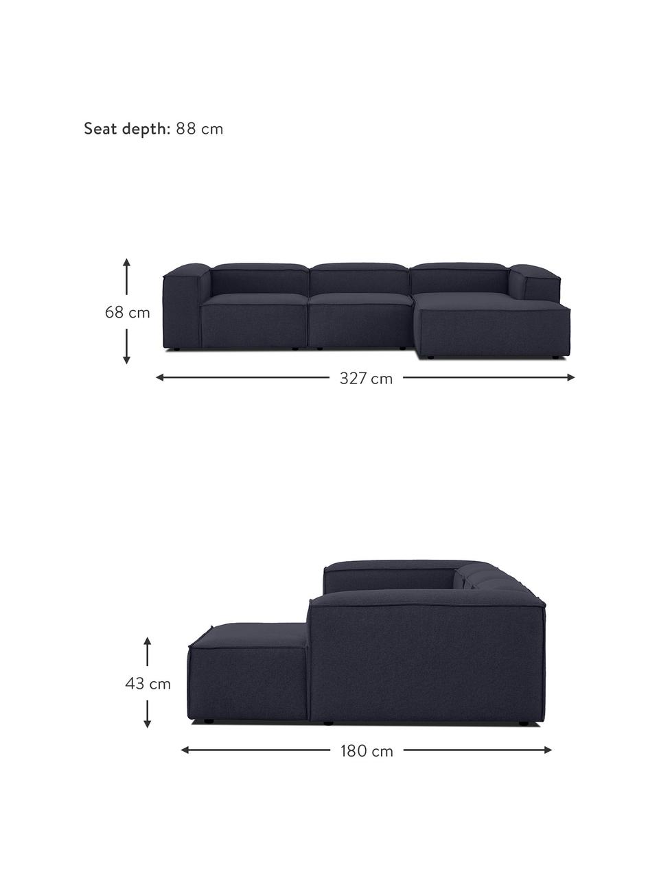 Divano angolare componibile Lennon, Rivestimento: 100% poliestere Con 115.0, Struttura: legno di pino massiccio, , Piedini: plastica I piedini si tro, Tessuto blu scuro, Larg. 327 x Prof. 180 cm, chaise-longue a sinistra