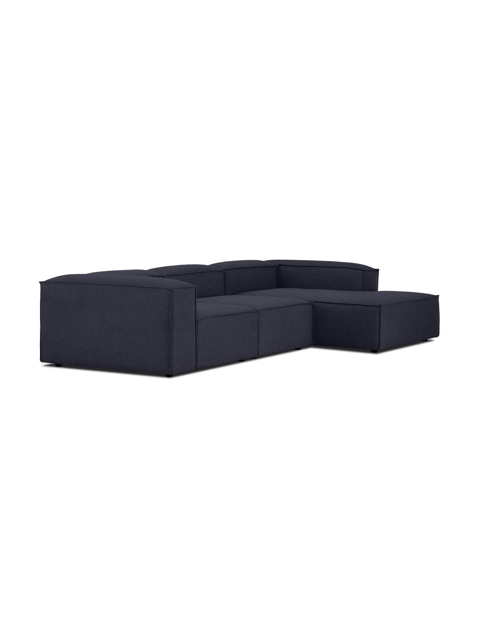 Divano angolare componibile Lennon, Rivestimento: 100% poliestere Con 115.0, Struttura: legno di pino massiccio, , Piedini: plastica I piedini si tro, Tessuto blu scuro, Larg. 327 x Prof. 180 cm, chaise-longue a sinistra