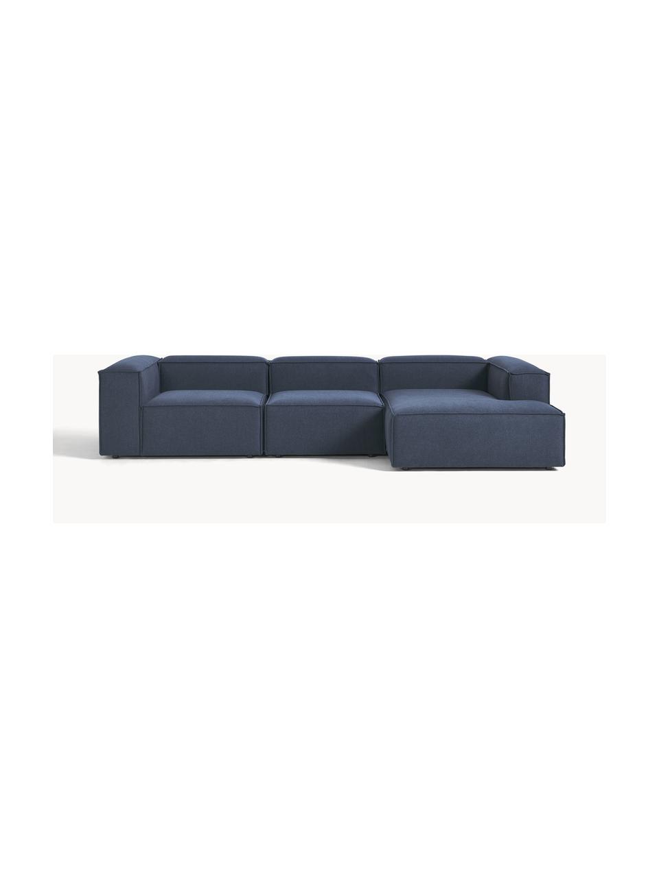 Canapé d'angle modulable Lennon, Tissu bleu foncé, larg. 327 x prof. 180 cm, méridienne à gauche