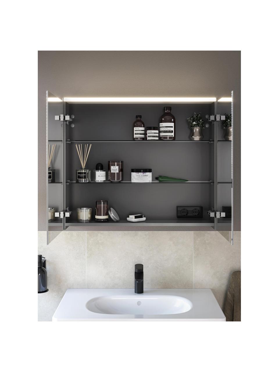 Armadietto a specchio da bagno con illuminazione a LED Nesta, luce regolabile, Superficie dello specchio: lastra di vetro, Nero, Larg. 80 x Alt. 70 cm