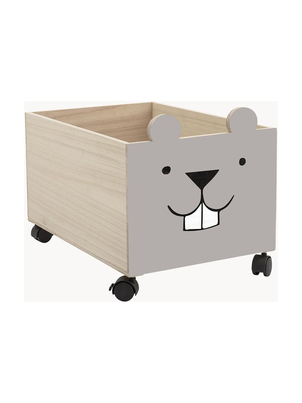 Aufbewahrungsbox Biber mit Rollen, Paulowniaholz, Mitteldichte Holzfaserplatte (MDF), Grau, Beige, B 35 x H 31 cm