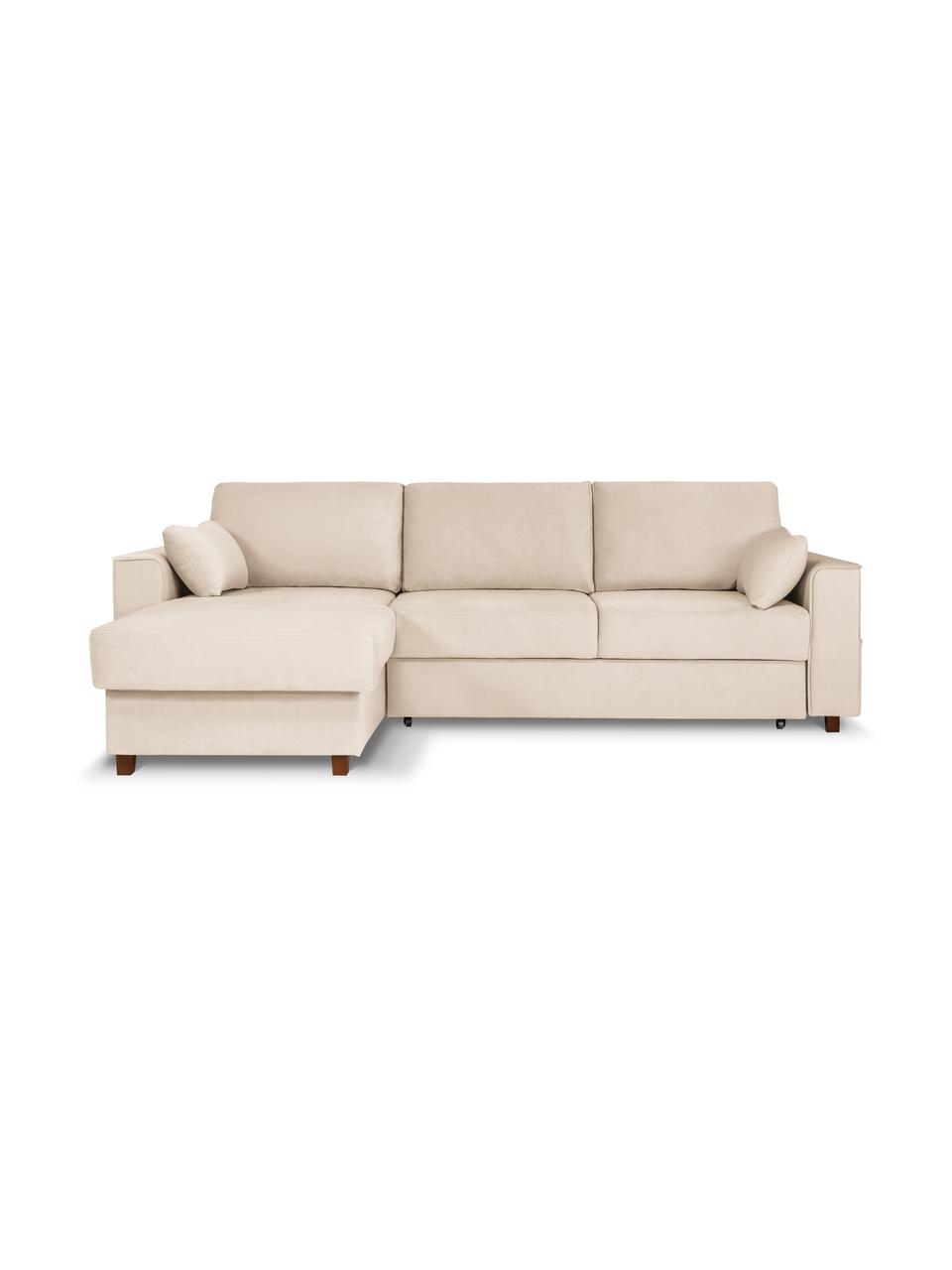 Divano letto angolare 4 posti in velluto beige chiaro con contenitore Susa, Rivestimento: 100% velluto di poliester, Struttura: legno di pino massiccio, , Piedini: legno, Beige chiaro, Larg. 250 x Prof. 166 cm