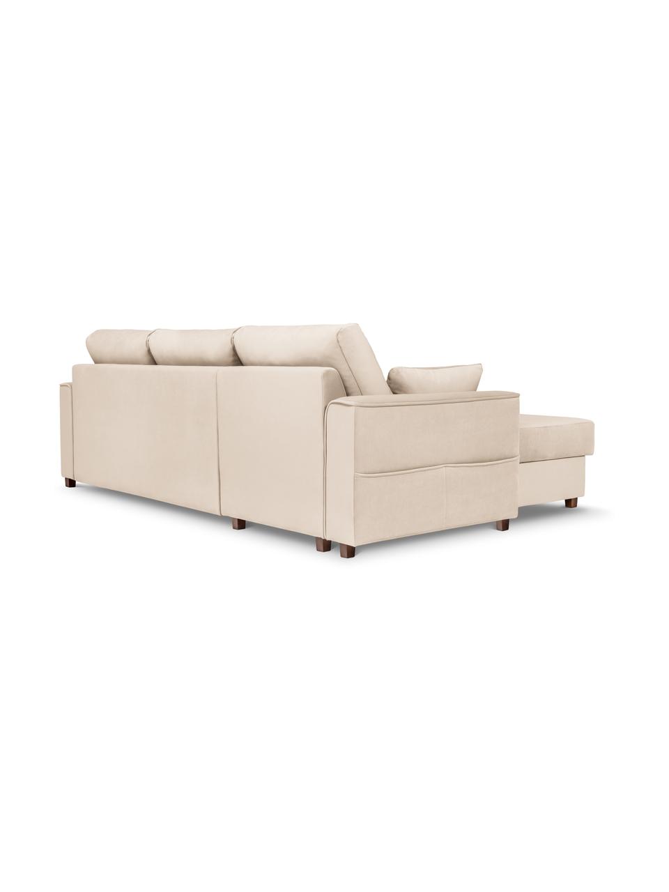 Divano letto angolare 4 posti in velluto beige chiaro con contenitore Susa, Rivestimento: 100% velluto di poliester, Struttura: legno di pino massiccio, , Piedini: legno, Beige chiaro, Larg. 250 x Prof. 166 cm