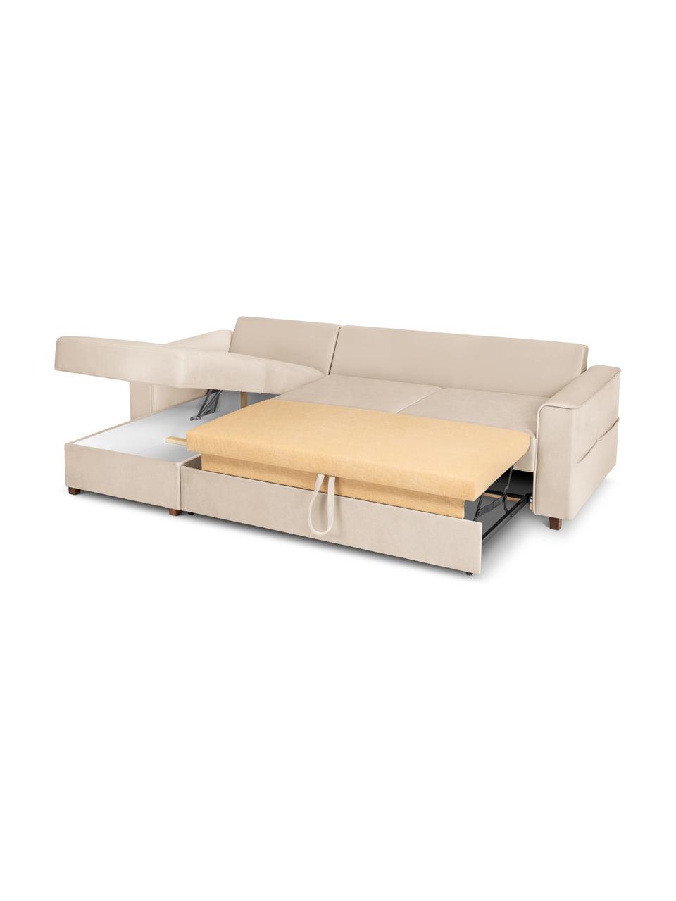 Sofá cama rinconero de terciopelo Susa (4 plazas), con espacio de almacenamiento, Tapizado: 100% terciopelo de poliés, Estructura: madera de pino maciza, ag, Patas: madera, Beige claro, An 250 x F 166 cm