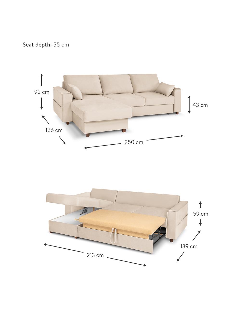 Divano letto angolare 4 posti in velluto beige chiaro con contenitore Susa, Rivestimento: 100% velluto di poliester, Struttura: legno di pino massiccio, , Piedini: legno, Beige chiaro, Larg. 250 x Prof. 166 cm