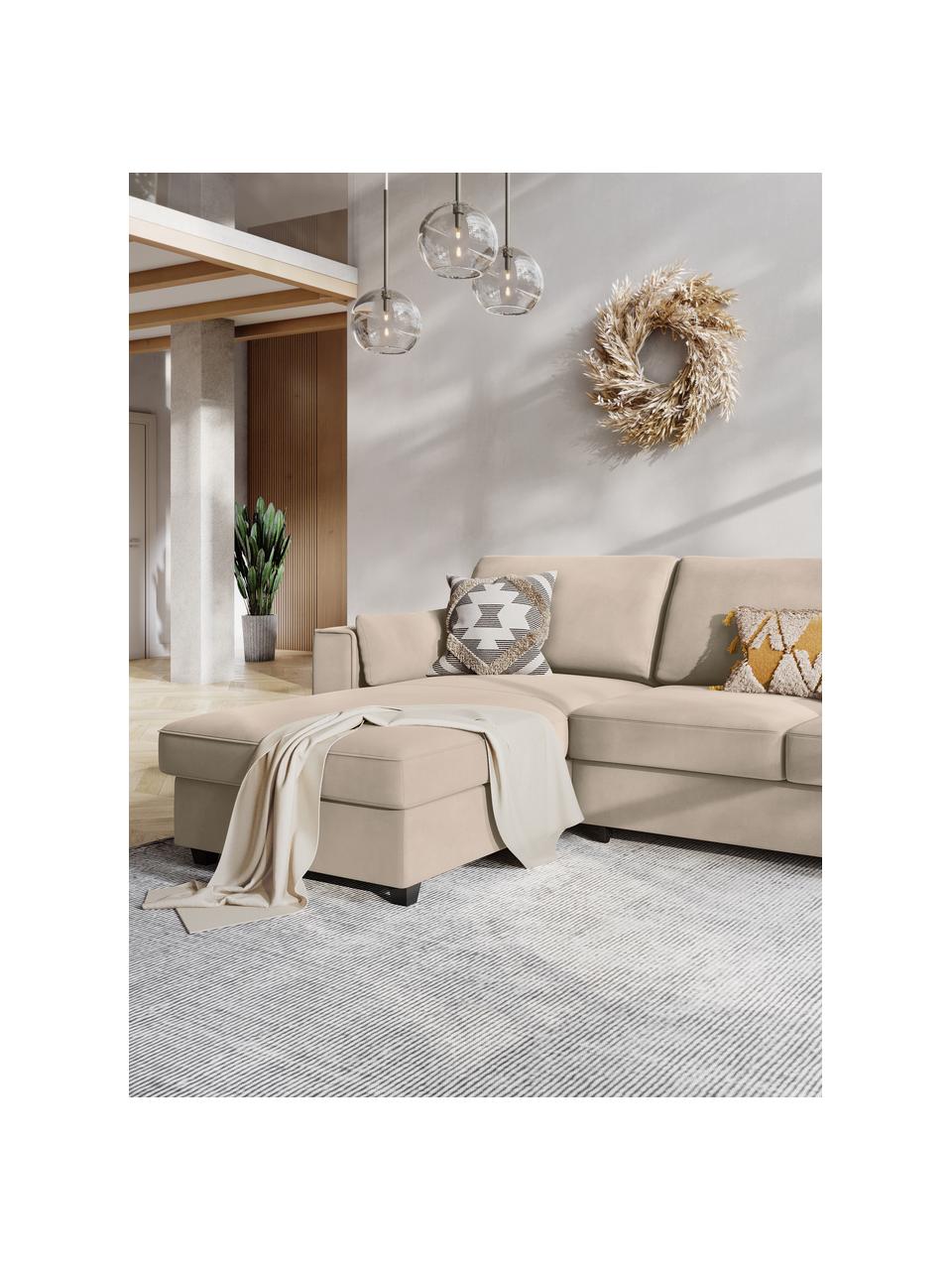 Divano letto angolare 4 posti in velluto beige chiaro con contenitore Susa, Rivestimento: 100% velluto di poliester, Struttura: legno di pino massiccio, , Piedini: legno, Beige chiaro, Larg. 250 x Prof. 166 cm