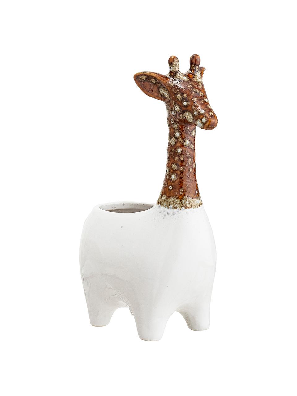 Handgemaakte plantenpot Giraffe van keramiek, Keramiek, Wit, bruin, 17 x 25 cm