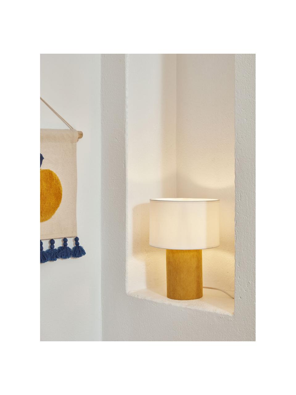 Petite lampe à poser Bianella, Blanc crème, velours côtelé jaune moutarde, larg. 20 x haut. 29 cm