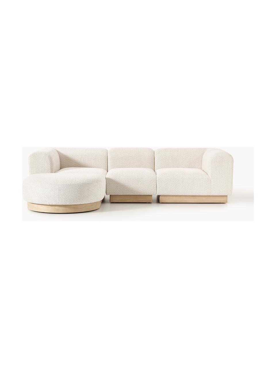 Modulares Sofa Natalie (3-Sitzer) aus Teddy-Bouclé mit Hocker, Bezug: Teddy-Bouclé (100 % Polye, Gestell: mitteldichte Holzfaserpla, Sockel: Massives Buchenholz, lack, Teddy-Bouclé Off White, helles Buchenholz, B 283 x T 197 cm