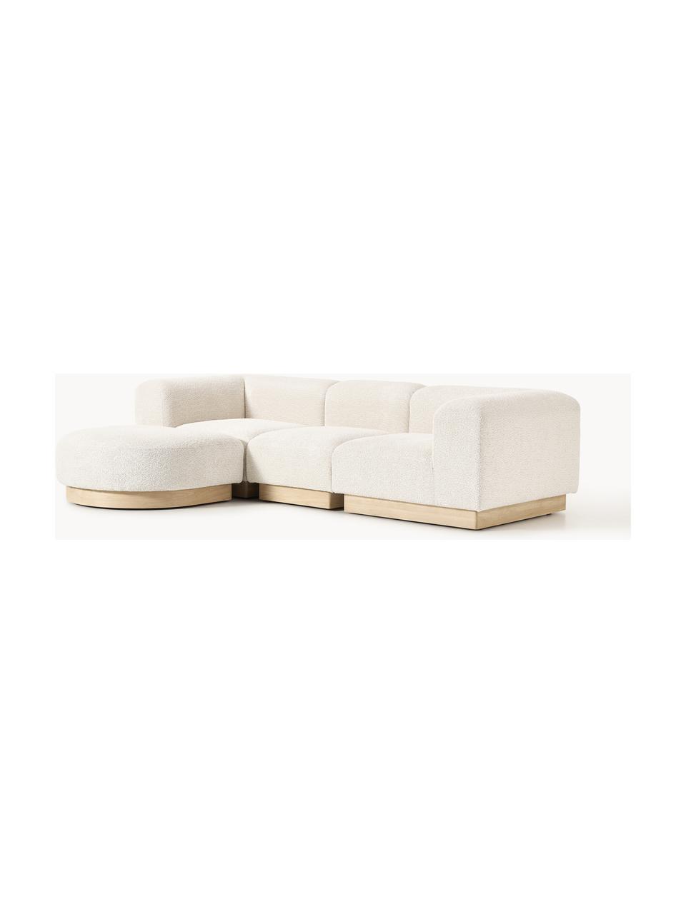 Modulares Sofa Natalie (3-Sitzer) aus Teddy-Bouclé mit Hocker, Bezug: Teddy-Bouclé (100 % Polye, Gestell: mitteldichte Holzfaserpla, Sockel: Massives Buchenholz, lack, Teddy-Bouclé Off White, helles Buchenholz, B 283 x T 197 cm