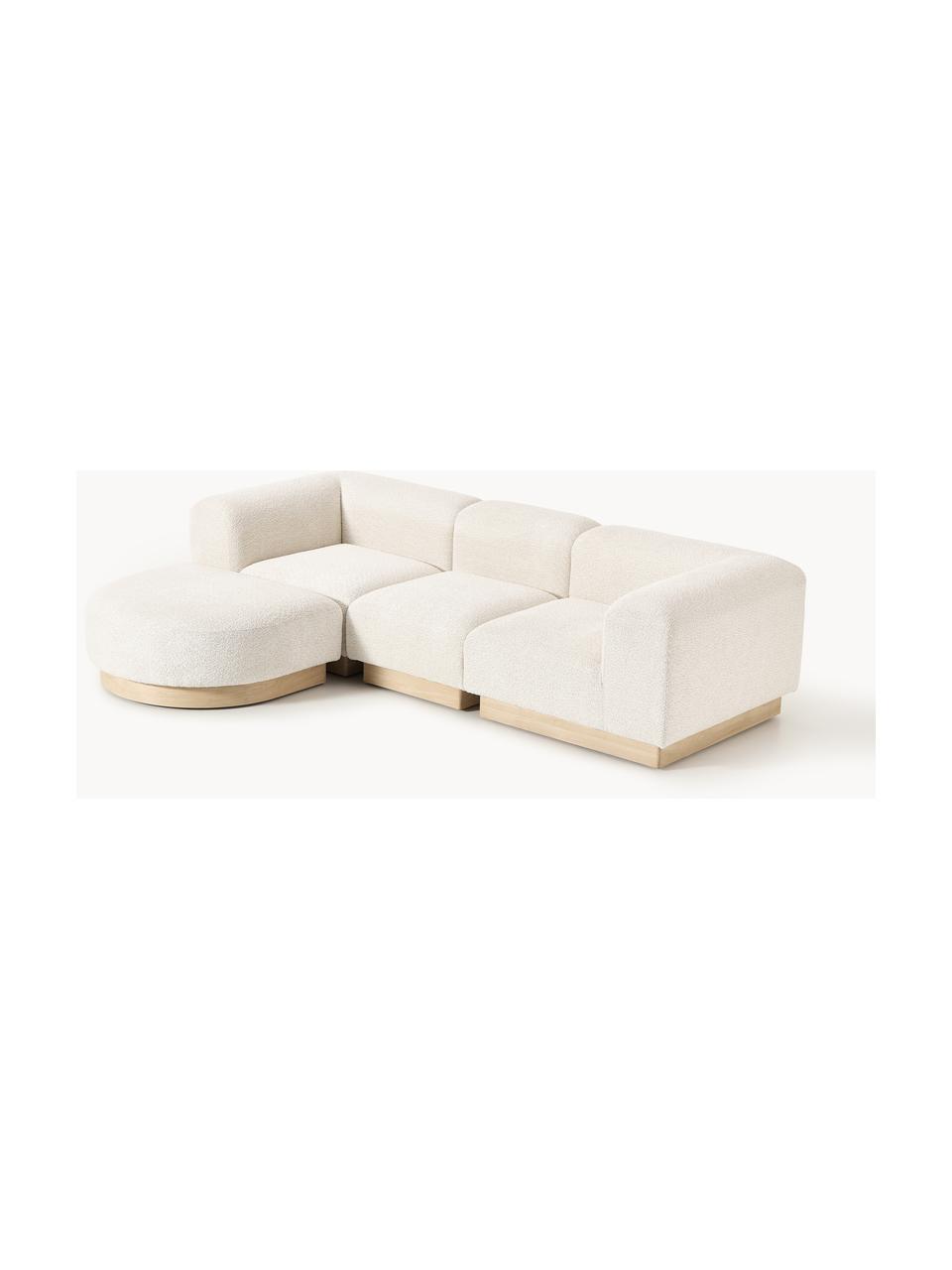 Modulares Sofa Natalie (3-Sitzer) aus Teddy-Bouclé mit Hocker, Bezug: Teddy-Bouclé (100 % Polye, Gestell: mitteldichte Holzfaserpla, Sockel: Massives Buchenholz, lack, Teddy-Bouclé Off White, helles Buchenholz, B 283 x T 197 cm