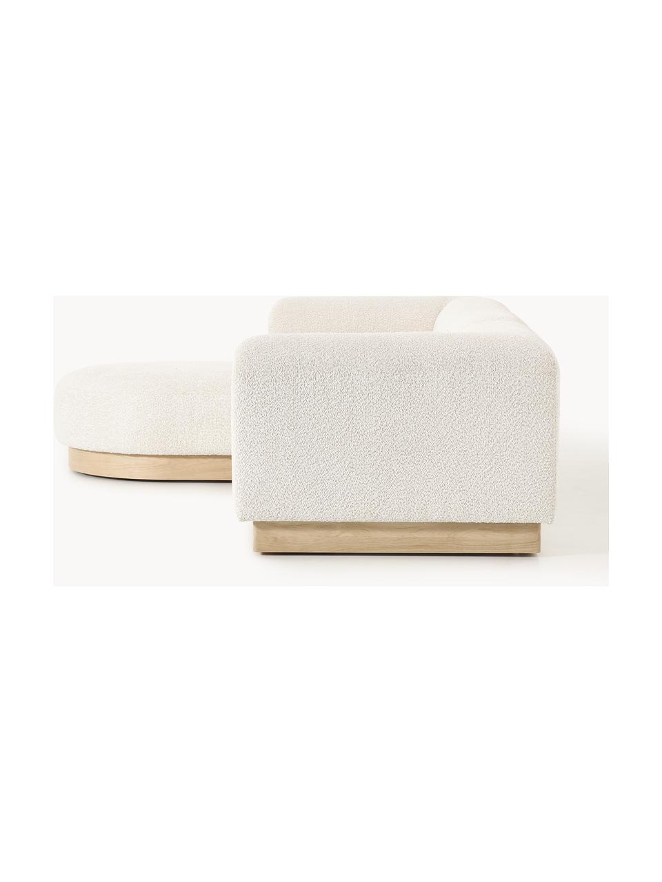 Modulares Sofa Natalie (3-Sitzer) aus Teddy-Bouclé mit Hocker, Bezug: Teddy-Bouclé (100 % Polye, Gestell: mitteldichte Holzfaserpla, Sockel: Massives Buchenholz, lack, Teddy-Bouclé Off White, helles Buchenholz, B 283 x T 197 cm