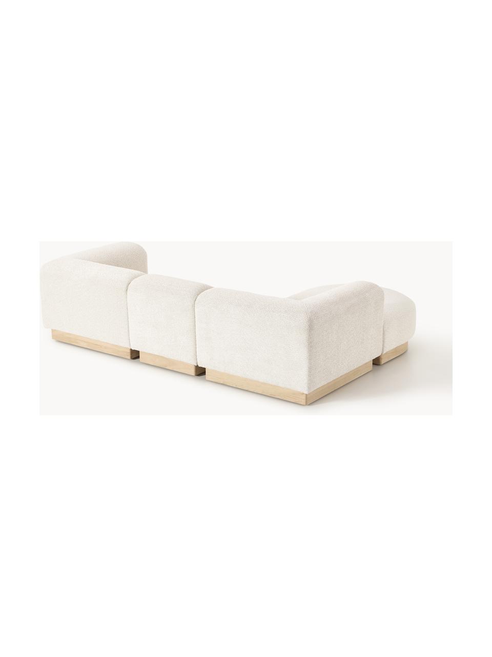 Modulares Sofa Natalie (3-Sitzer) aus Teddy-Bouclé mit Hocker, Bezug: Teddy-Bouclé (100 % Polye, Gestell: mitteldichte Holzfaserpla, Sockel: Massives Buchenholz, lack, Teddy-Bouclé Off White, helles Buchenholz, B 283 x T 197 cm