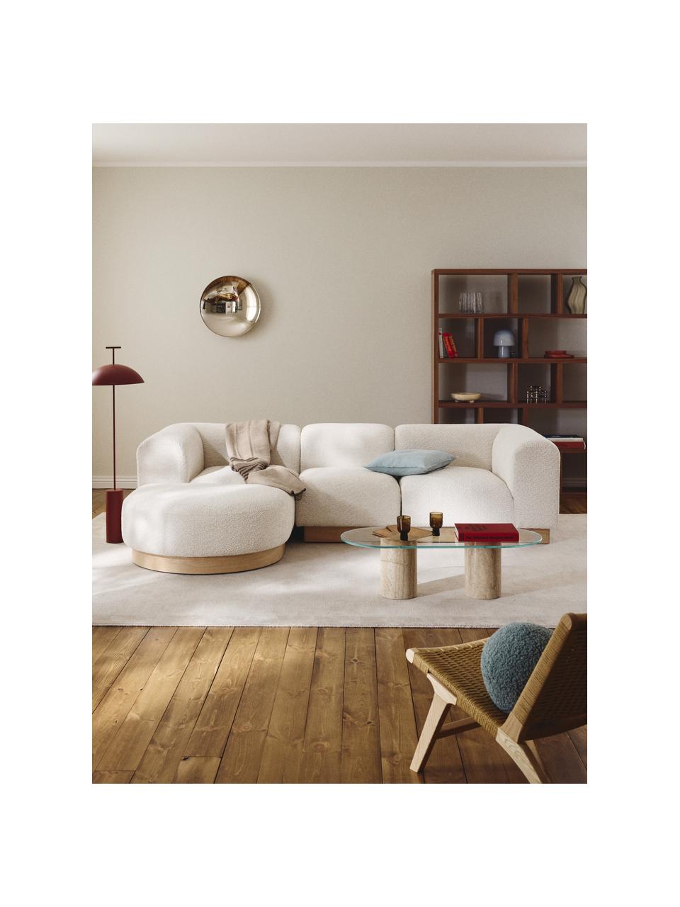 Modulares Sofa Natalie (3-Sitzer) aus Teddy-Bouclé mit Hocker, Bezug: Teddy-Bouclé (100 % Polye, Gestell: mitteldichte Holzfaserpla, Sockel: Massives Buchenholz, lack, Teddy-Bouclé Off White, helles Buchenholz, B 283 x T 197 cm