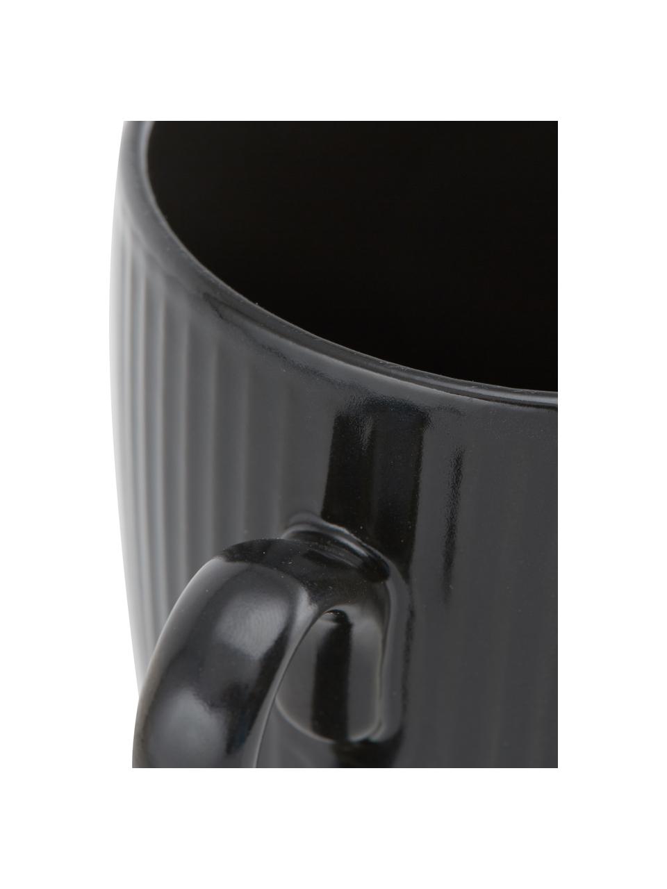 Tazas de café con relieves Groove, 4 uds., Gres, Negro, Ø 9 x Al 11 cm, 300 ml