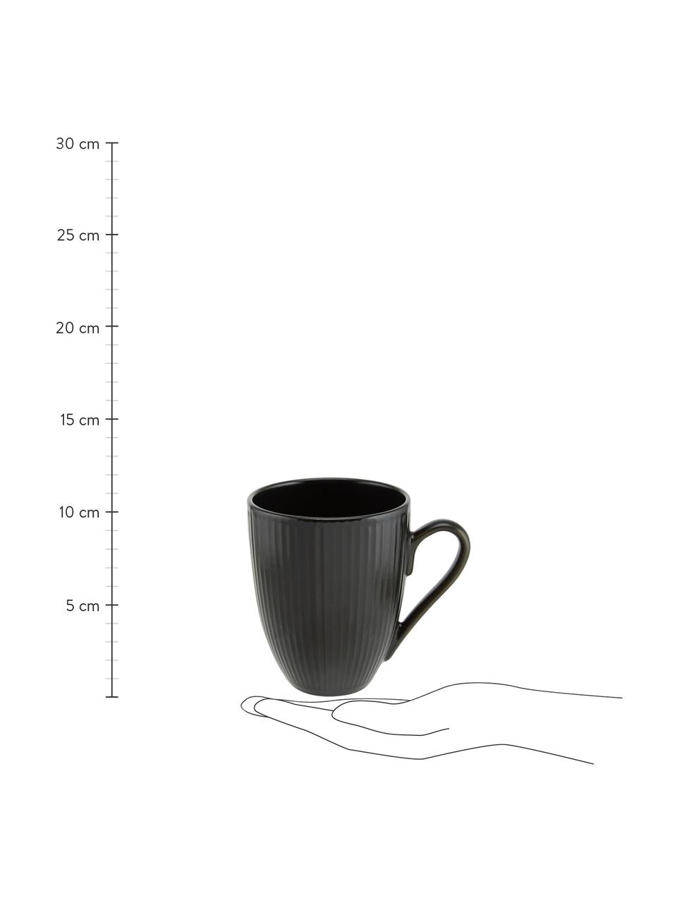 Tazas de café con relieves Groove, 4 uds., Gres, Negro, Ø 9 x Al 11 cm, 300 ml