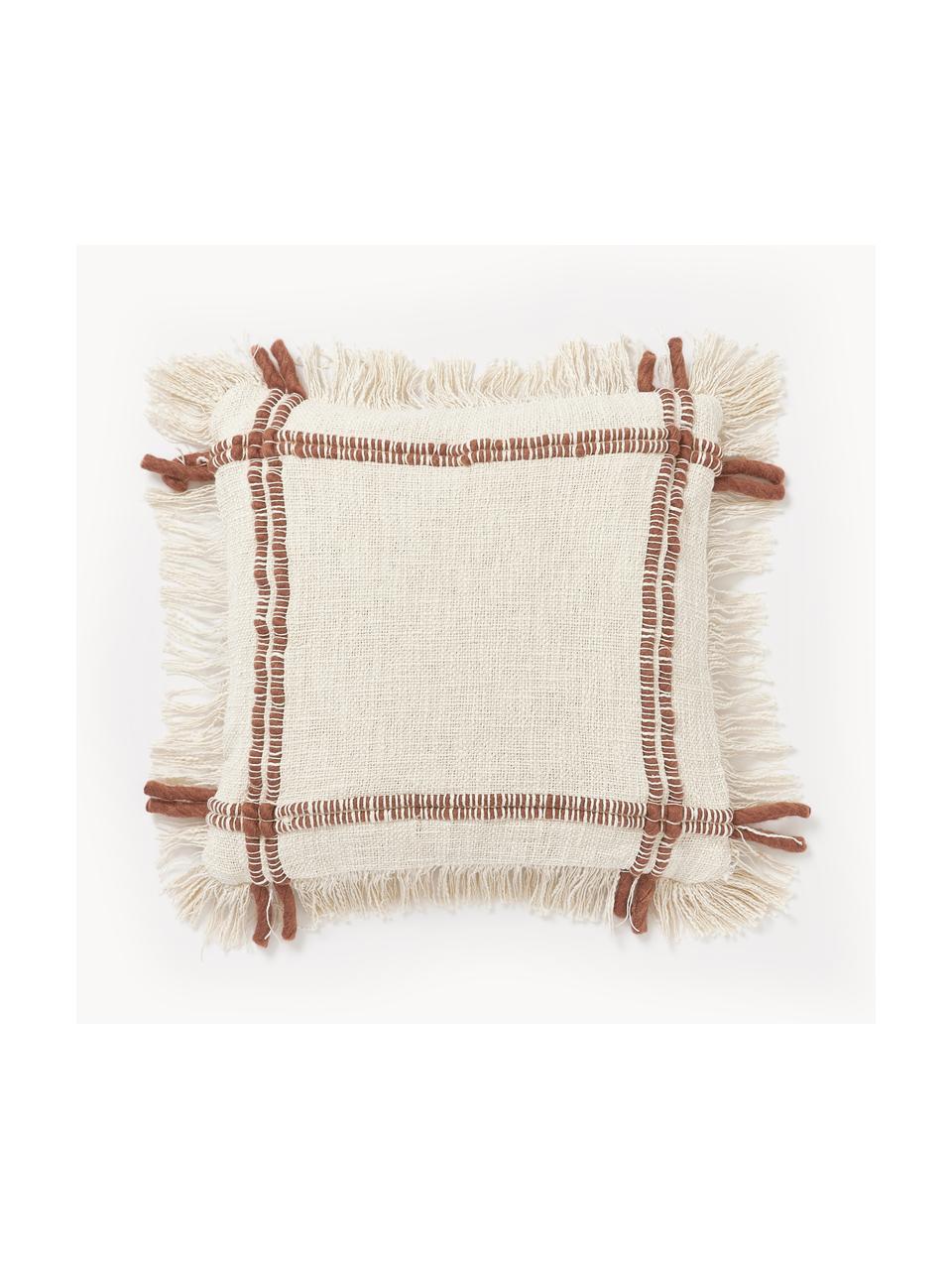 Housse de coussin artisanale en coton avec franges Catalina, Beige clair, terracotta, larg. 45 x long. 45 cm