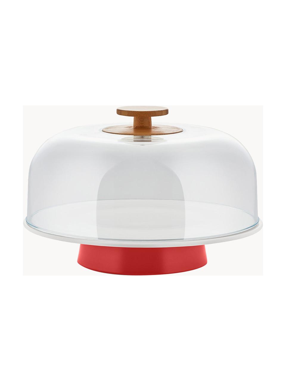 Fuente campana de porcelana Mattina, Asa: madera de bambú, Rojo, blanco, transparente, Ø 32 x Al 22 cm