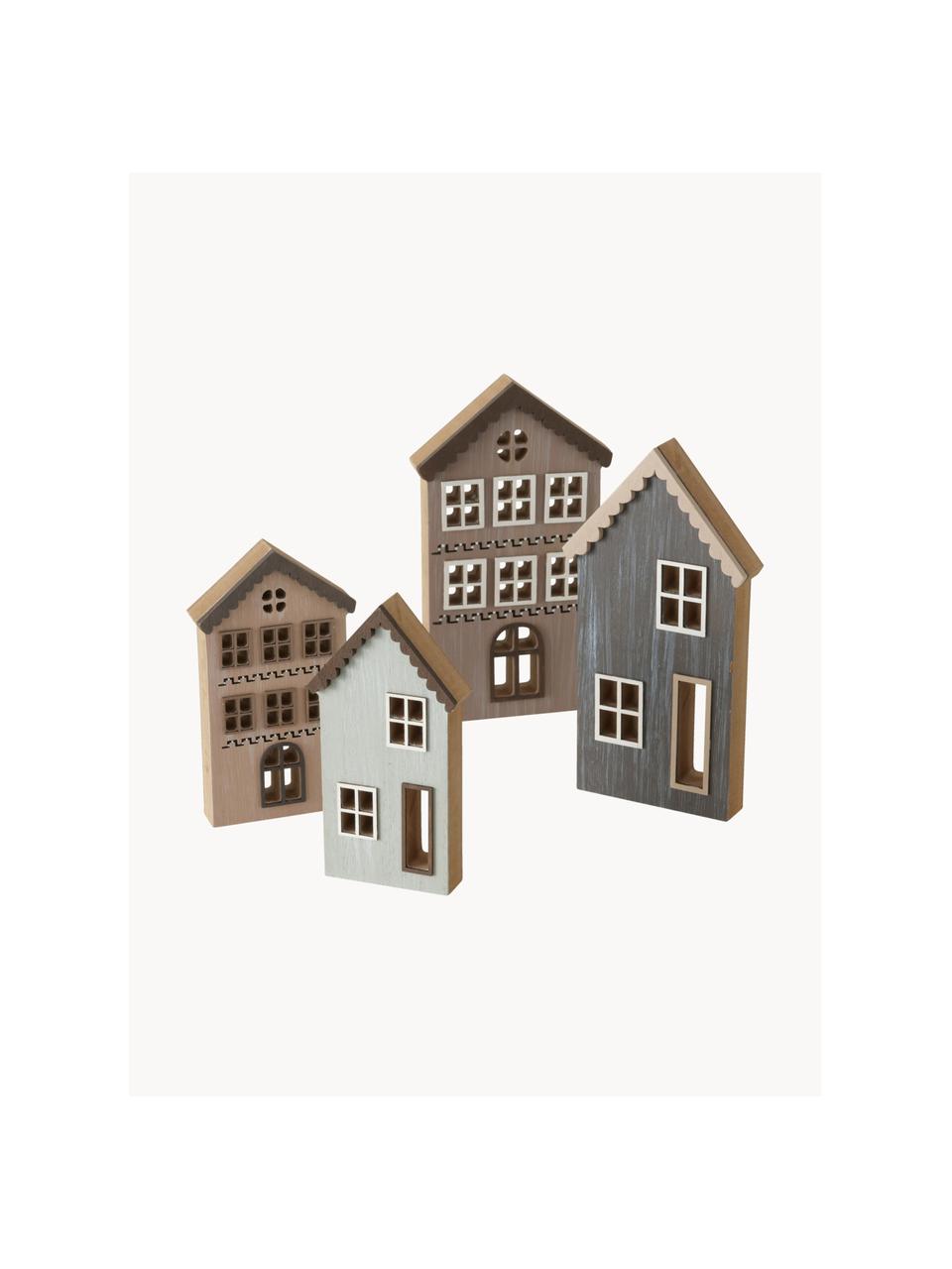 Figuras decorativas casas Ilmo, 4 uds., Tablero de fibras de densidad media (MDF), Marrón, gris, beige, Set de diferentes tamaños